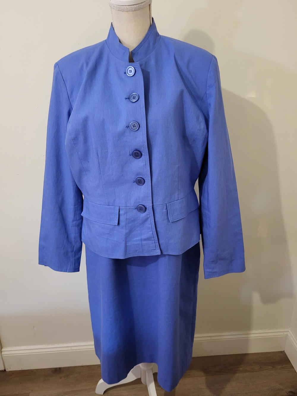 Women's Periwinkle Blue Tailored Jacket and Dress Set Linen Blend Career Church